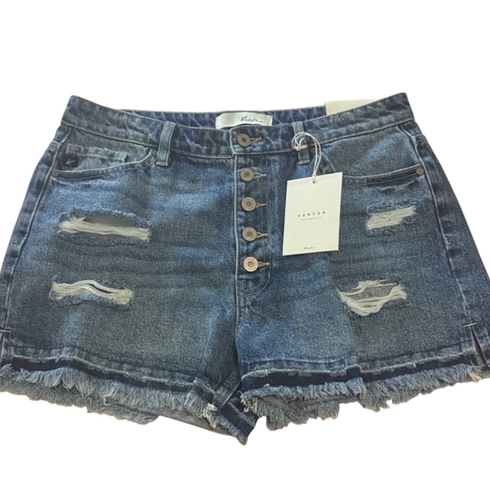 KanCan Women's Button-Fly Distressed Jean Shorts - Dark Blue